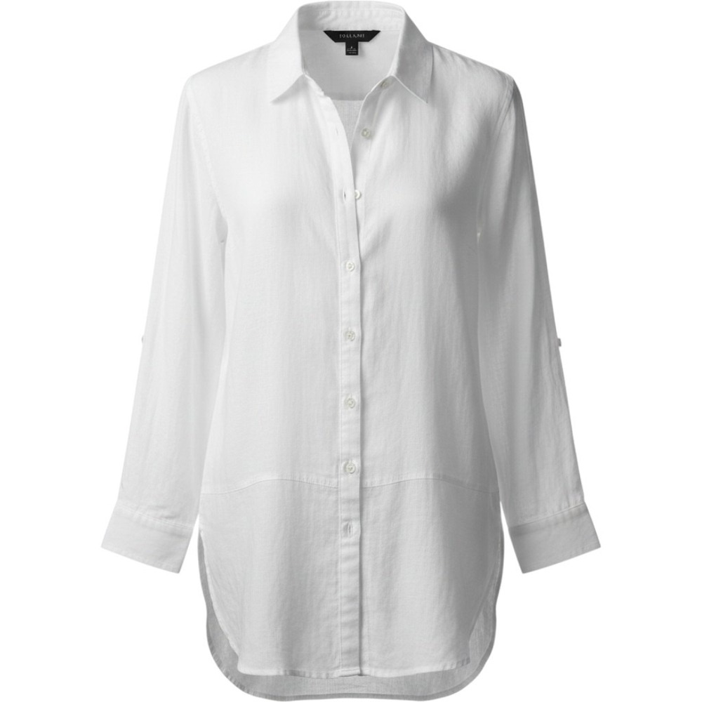 Tahari Essentials 100% Linen White Button Front Tunic Shirt XL Roll Tab Sleeve